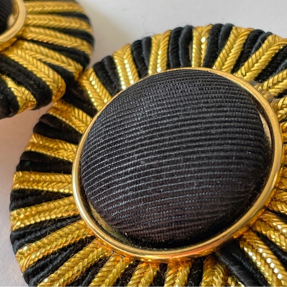 Vintage handmade black and gold cloth button earrings - Picture 3 of 6